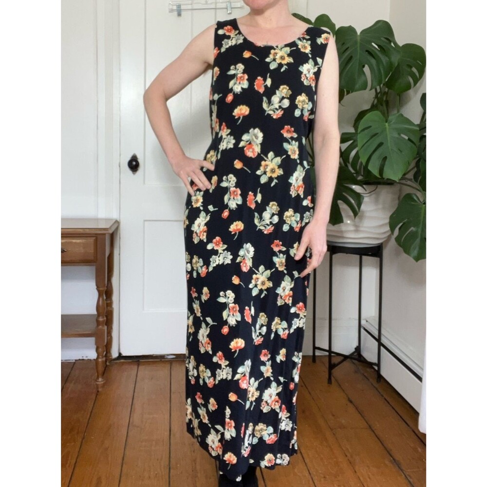 Vintage 90s Floral Maxi Dress Rayon Sleeveless Black Cottagecore Y2K M/L